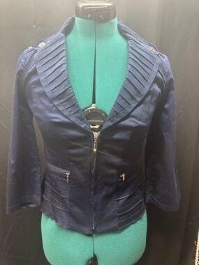 White House Black Market Navy Pleated-Collar Zip Blazer